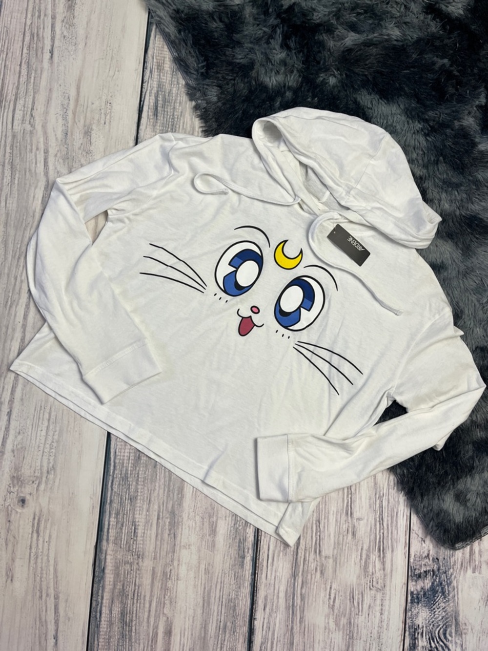 BNWT Light White Cropped Hoodie with Artemis face from Sailor Moon